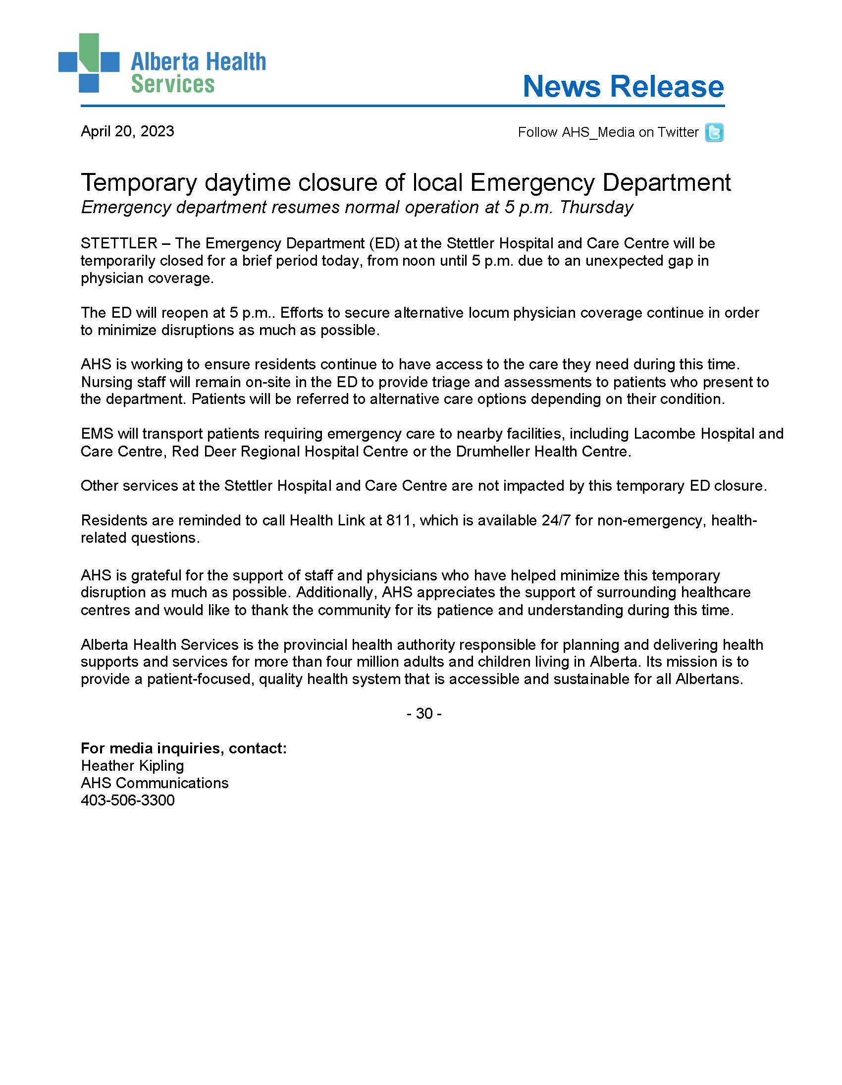 04 20 23 Stettler ED temp closed_PSA